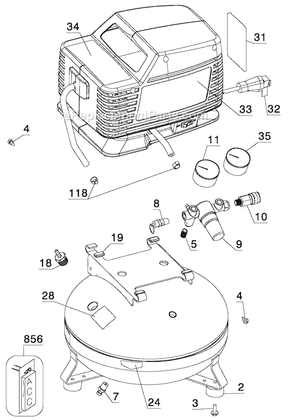 Page A Diagram and Parts List for 919-16538 Type 3 Black and Decker Compressor